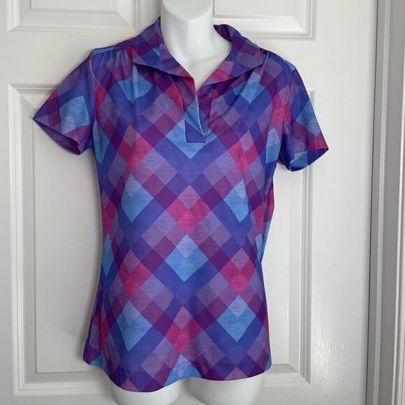 Vintage 70s Argyle Plaid Short Sleeve Blouse Medium Magenta, Bubblegum Pink - Picture 11 of 15